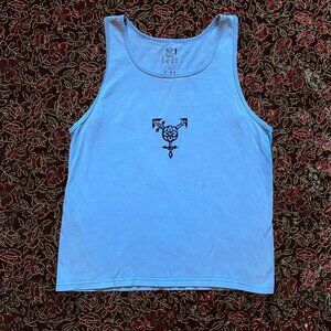 Gothic transgender symbol linocut print on light blue tank top
